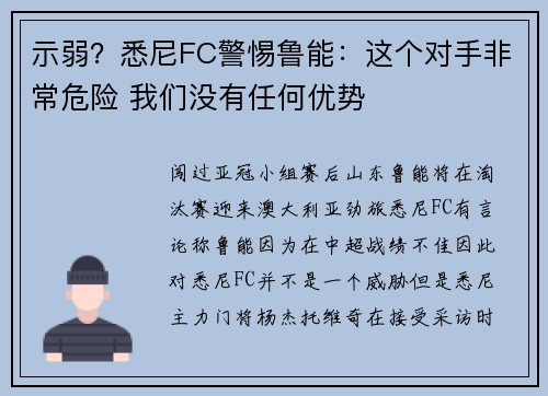 示弱？悉尼FC警惕鲁能：这个对手非常危险 我们没有任何优势