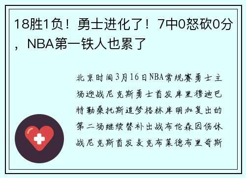 18胜1负！勇士进化了！7中0怒砍0分，NBA第一铁人也累了