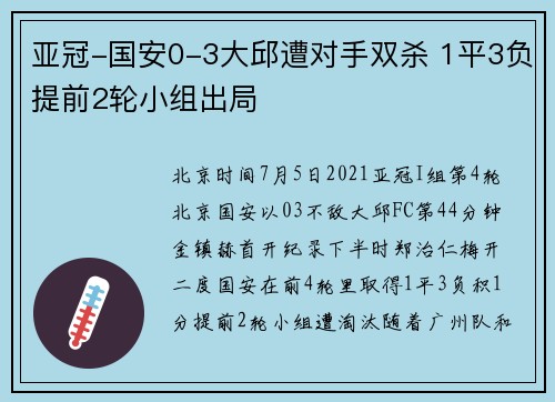 亚冠-国安0-3大邱遭对手双杀 1平3负提前2轮小组出局