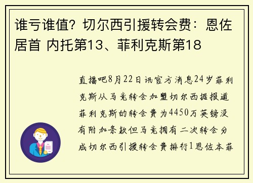 谁亏谁值？切尔西引援转会费：恩佐居首 内托第13、菲利克斯第18